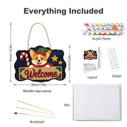 Peeking Corgi with Candy Cane paint by numbers hanging sign – what's in the kit: the wooden sign, rope hanger, numbered paints and brushes
