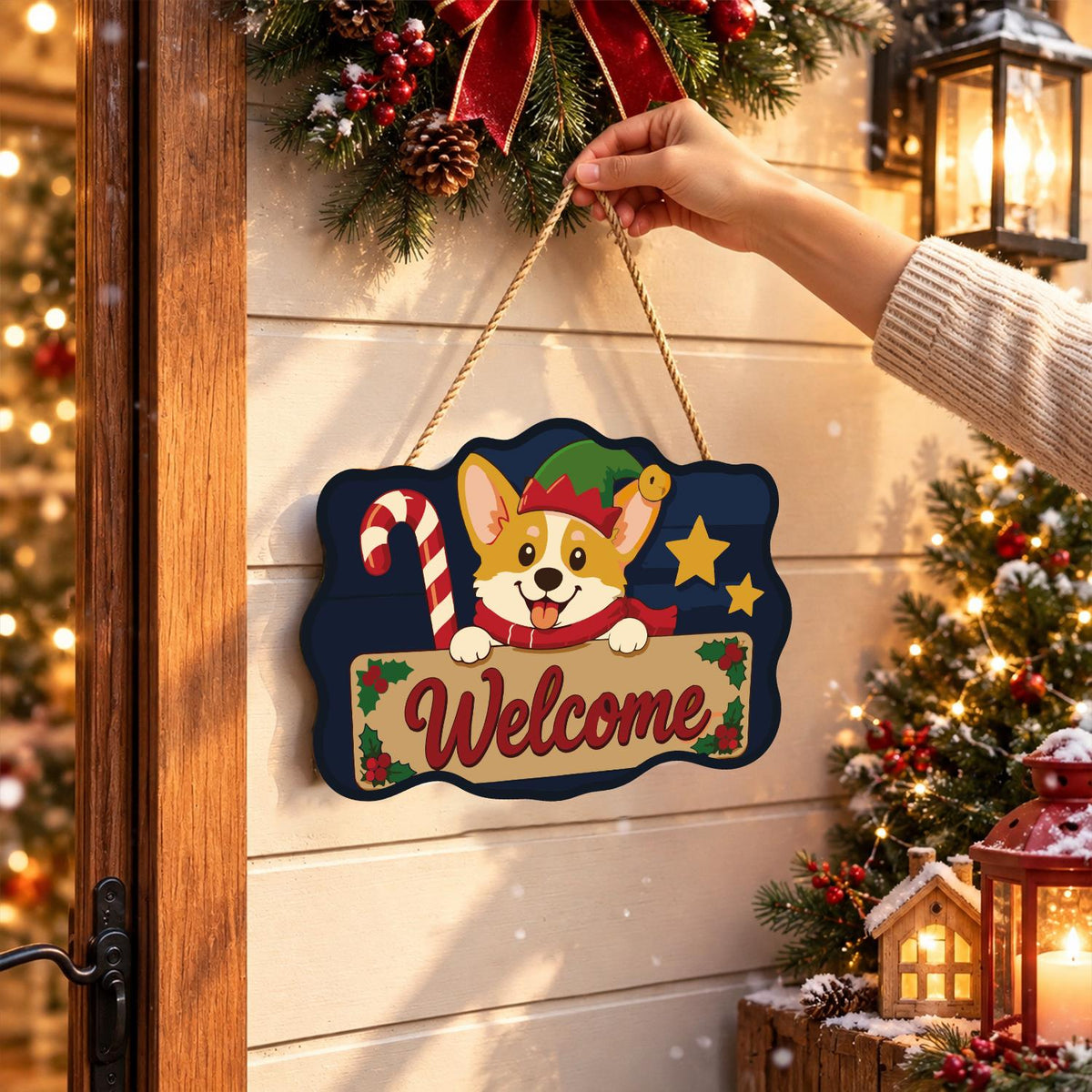 Peeking Corgi with Candy Cane paint by numbers hanging sign – image 14