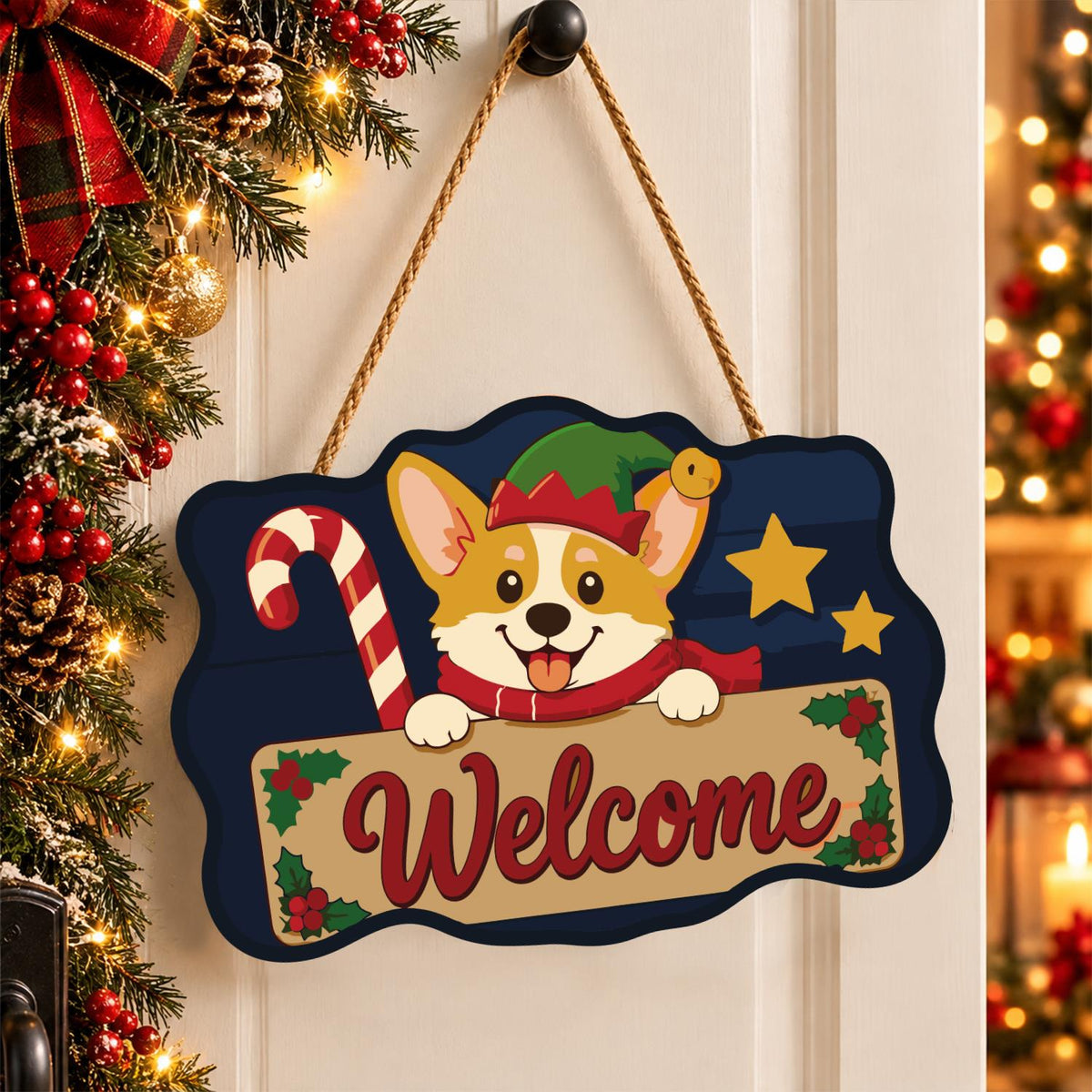 Peeking Corgi with Candy Cane paint by numbers hanging sign – image 16