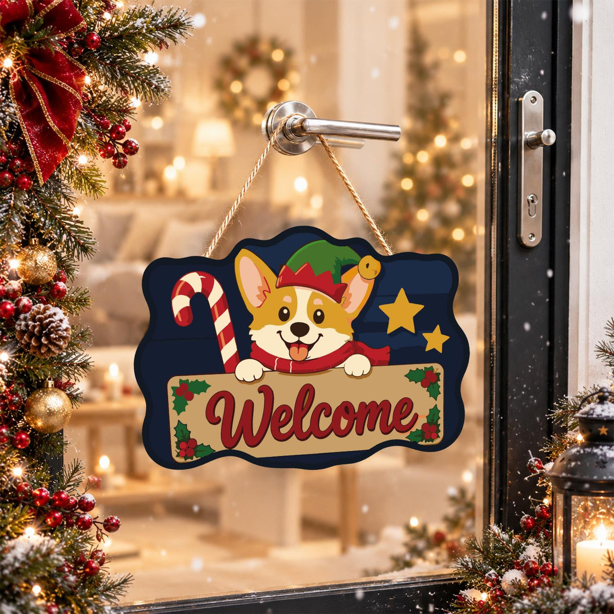 Peeking Corgi with Candy Cane paint by numbers hanging sign – image 17