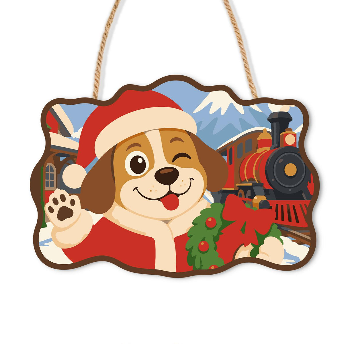 Steam Train Santa Pup paint by numbers hanging sign – Puppy in a Santa hat waving beside a steam locomotive with a wreath and snowy mountains behind, on a wooden sign with a rope hanger