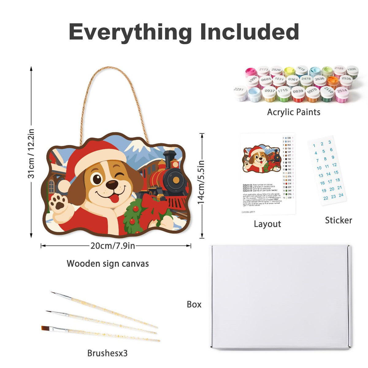 Steam Train Santa Pup paint by numbers hanging sign – what's in the kit: the wooden sign, rope hanger, numbered paints and brushes