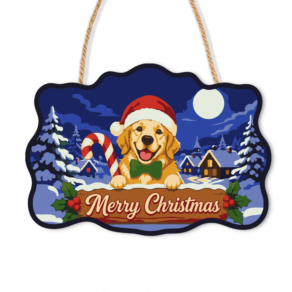 Candy Cane Retriever Village paint by numbers hanging sign – Golden retriever in a Santa hat and bow tie with a candy cane, snowy village and full moon, Merry Christmas, on a wooden sign with a rope hanger