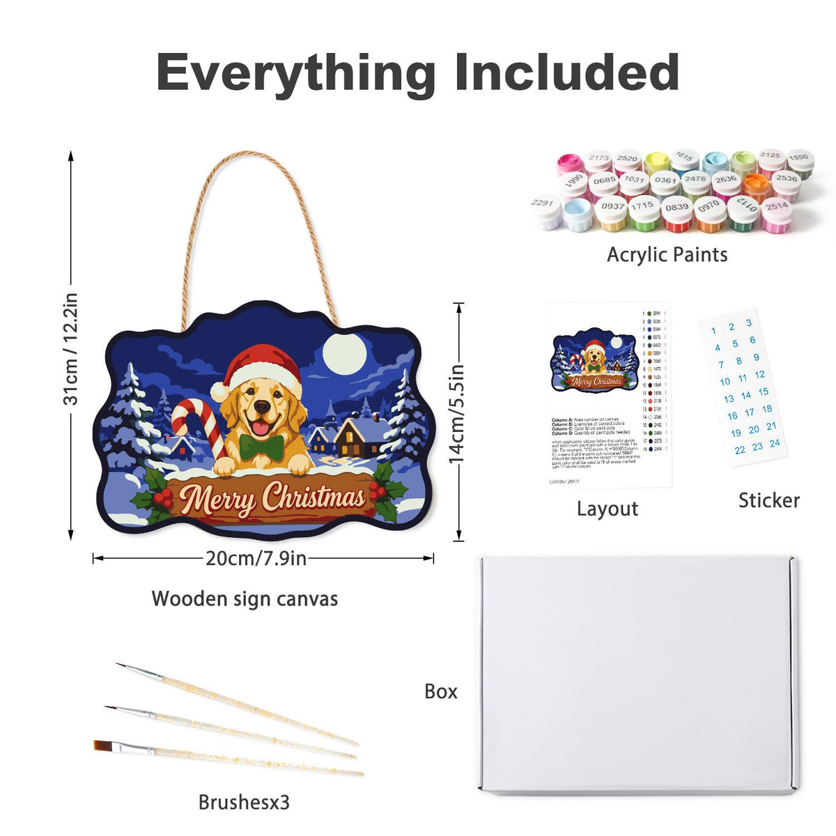 Candy Cane Retriever Village paint by numbers hanging sign – what's in the kit: the wooden sign, rope hanger, numbered paints and brushes