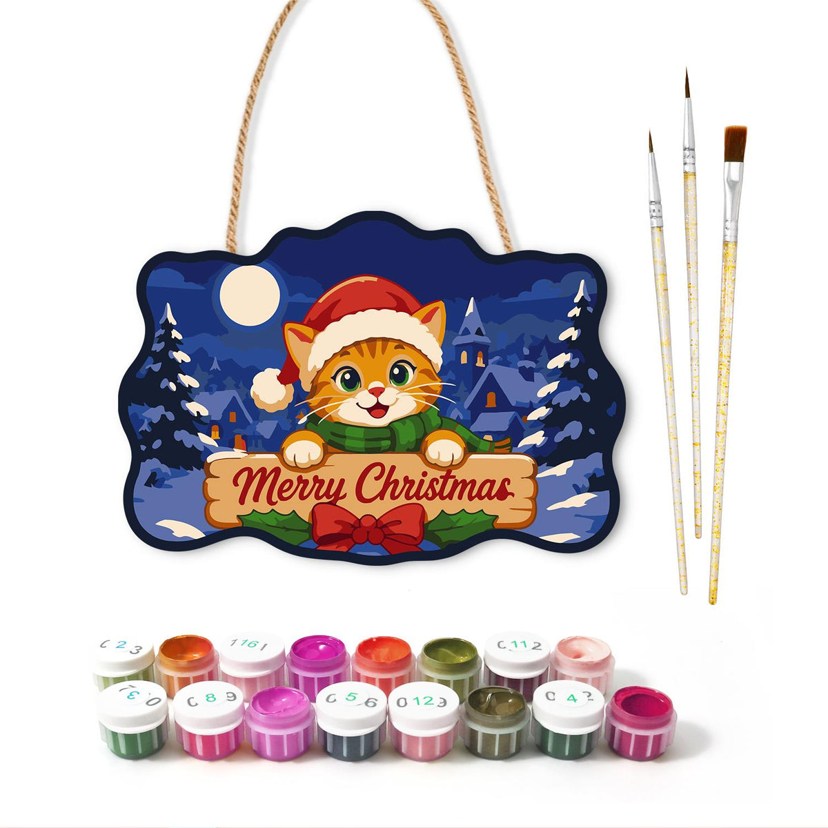 Santa Hat Kitten Moonlit Village paint by numbers hanging sign – image 2