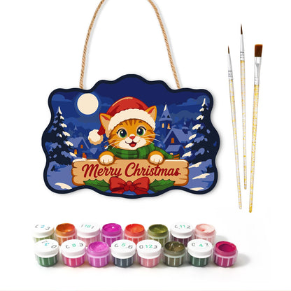 Santa Hat Kitten Moonlit Village paint by numbers hanging sign – image 2