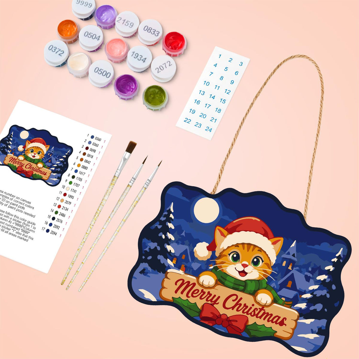 Santa Hat Kitten Moonlit Village paint by numbers hanging sign – image 4