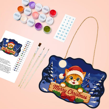 Santa Hat Kitten Moonlit Village paint by numbers hanging sign – image 4