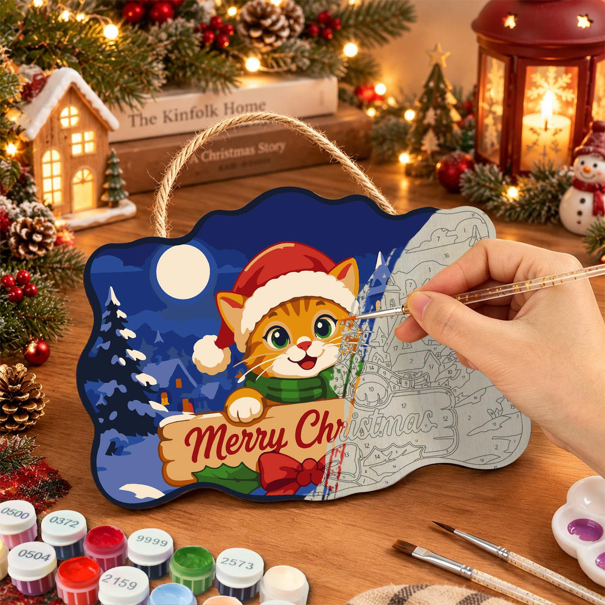 Santa Hat Kitten Moonlit Village paint by numbers hanging sign – image 7