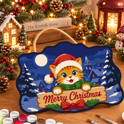 Santa Hat Kitten Moonlit Village paint by numbers hanging sign – image 8
