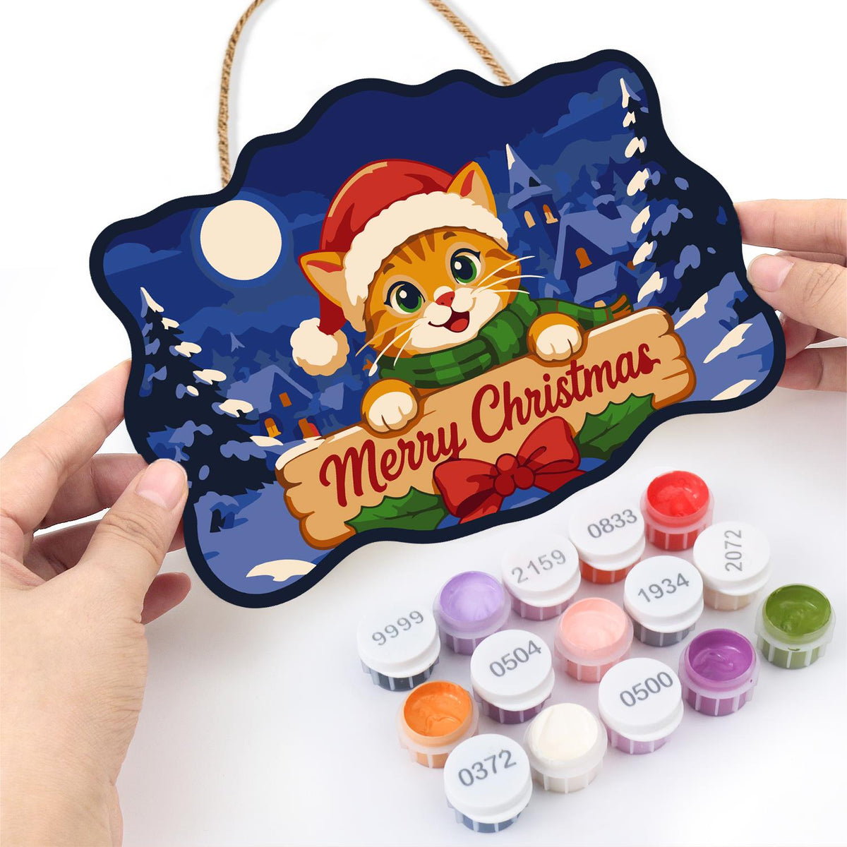 Santa Hat Kitten Moonlit Village paint by numbers hanging sign – image 9