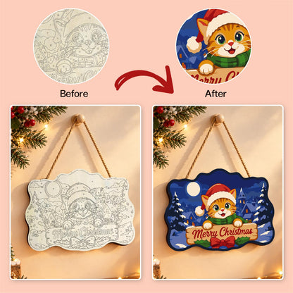 Santa Hat Kitten Moonlit Village paint by numbers hanging sign – image 10