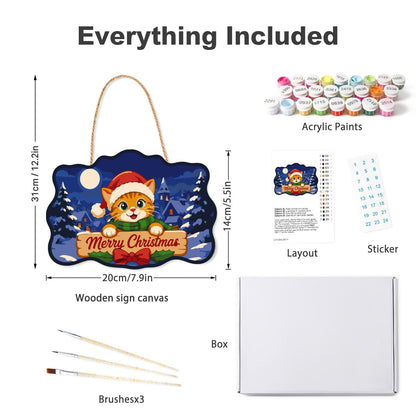 Santa Hat Kitten Moonlit Village paint by numbers hanging sign – what's in the kit: the wooden sign, rope hanger, numbered paints and brushes