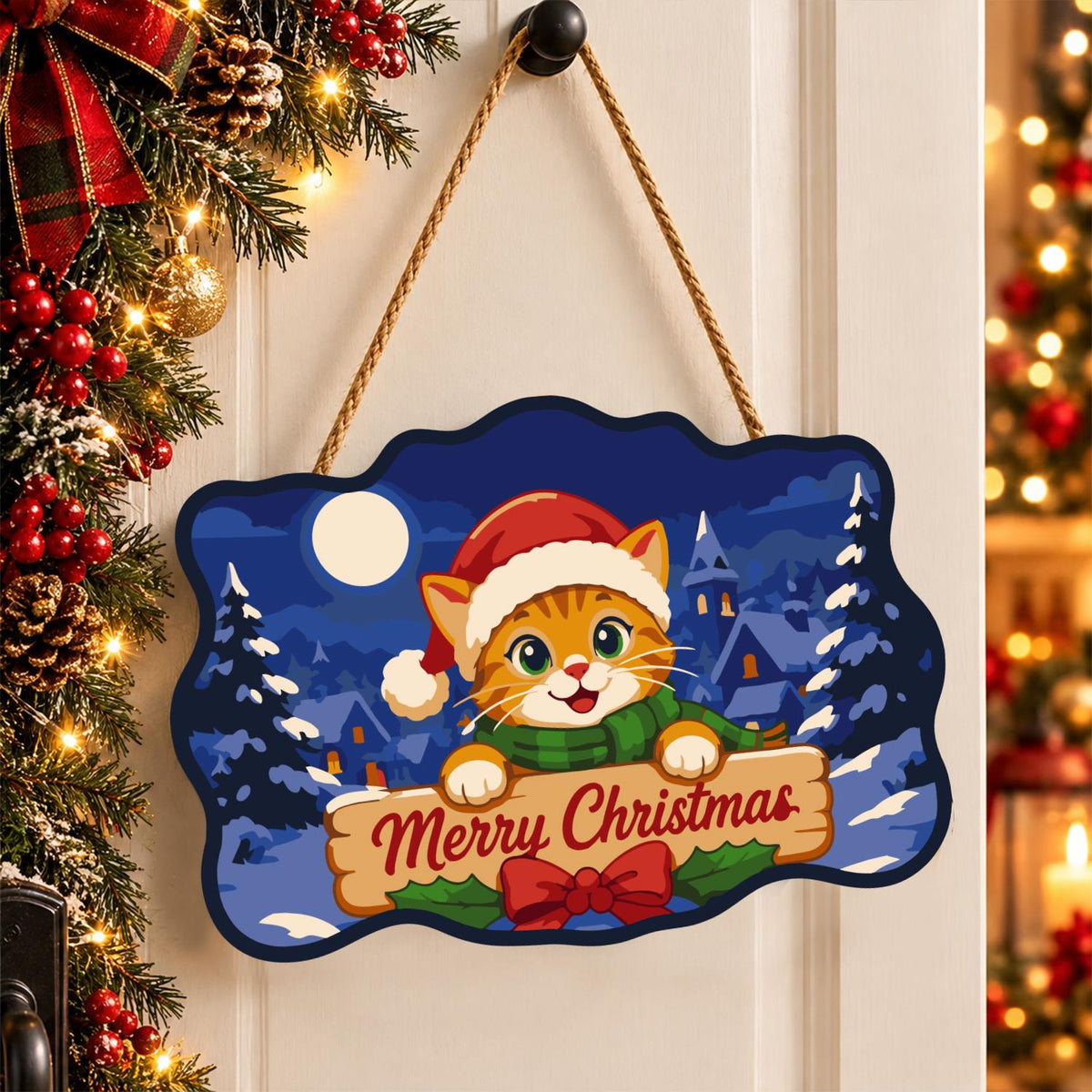 Santa Hat Kitten Moonlit Village paint by numbers hanging sign – image 16
