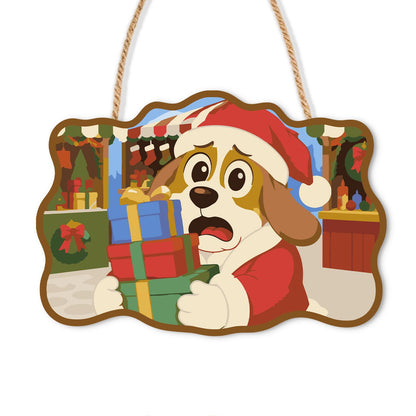 Flustered Pup with Gift Stack paint by numbers hanging sign – Worried puppy in a Santa hat juggling a tall stack of wrapped gifts inside a festive shop, on a wooden sign with a rope hanger