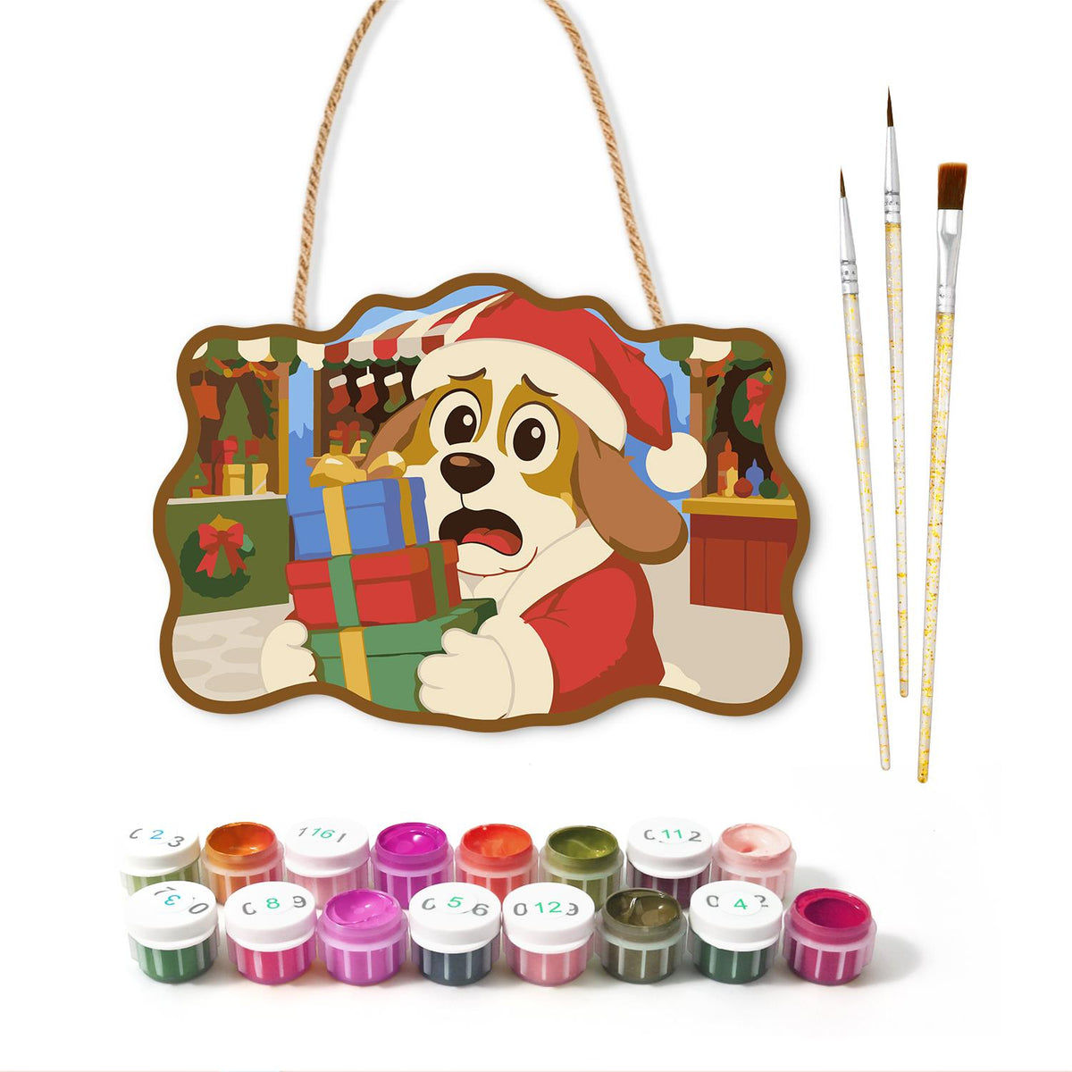 Flustered Pup with Gift Stack paint by numbers hanging sign – image 2