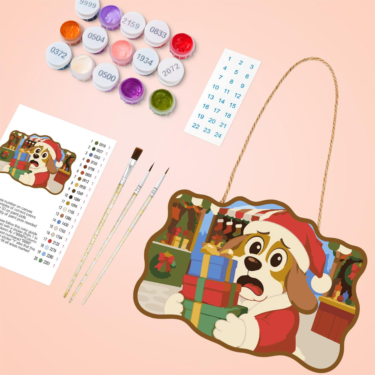 Flustered Pup with Gift Stack paint by numbers hanging sign – image 4