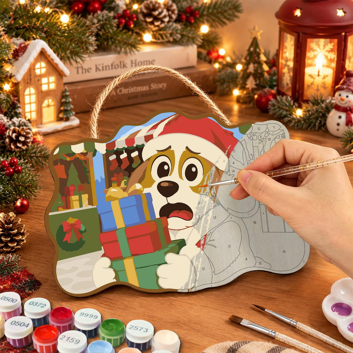 Flustered Pup with Gift Stack paint by numbers hanging sign – image 7