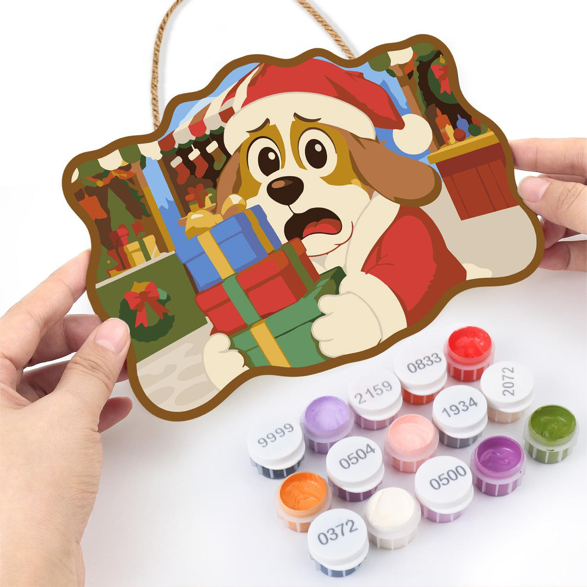 Flustered Pup with Gift Stack paint by numbers hanging sign – image 9