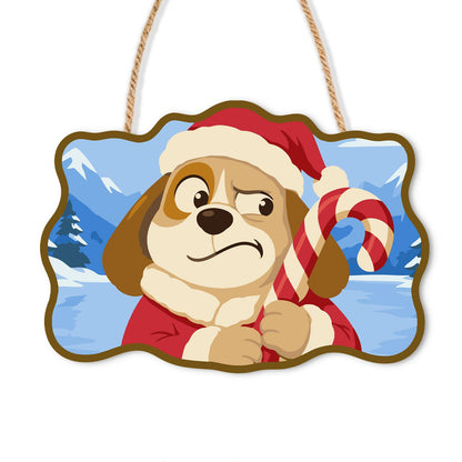 Skeptical Pup with Candy Cane paint by numbers hanging sign – Skeptical brown and white dog in a Santa hat hugging a candy cane by a snowy mountain lake, on a wooden sign with a rope hanger