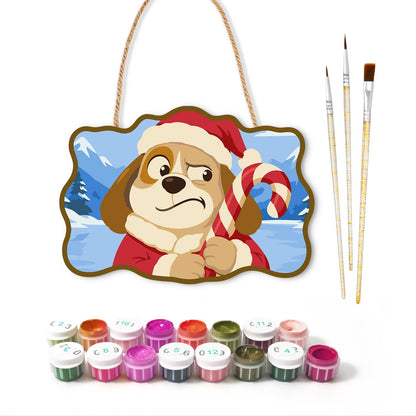 Skeptical Pup with Candy Cane paint by numbers hanging sign – image 2