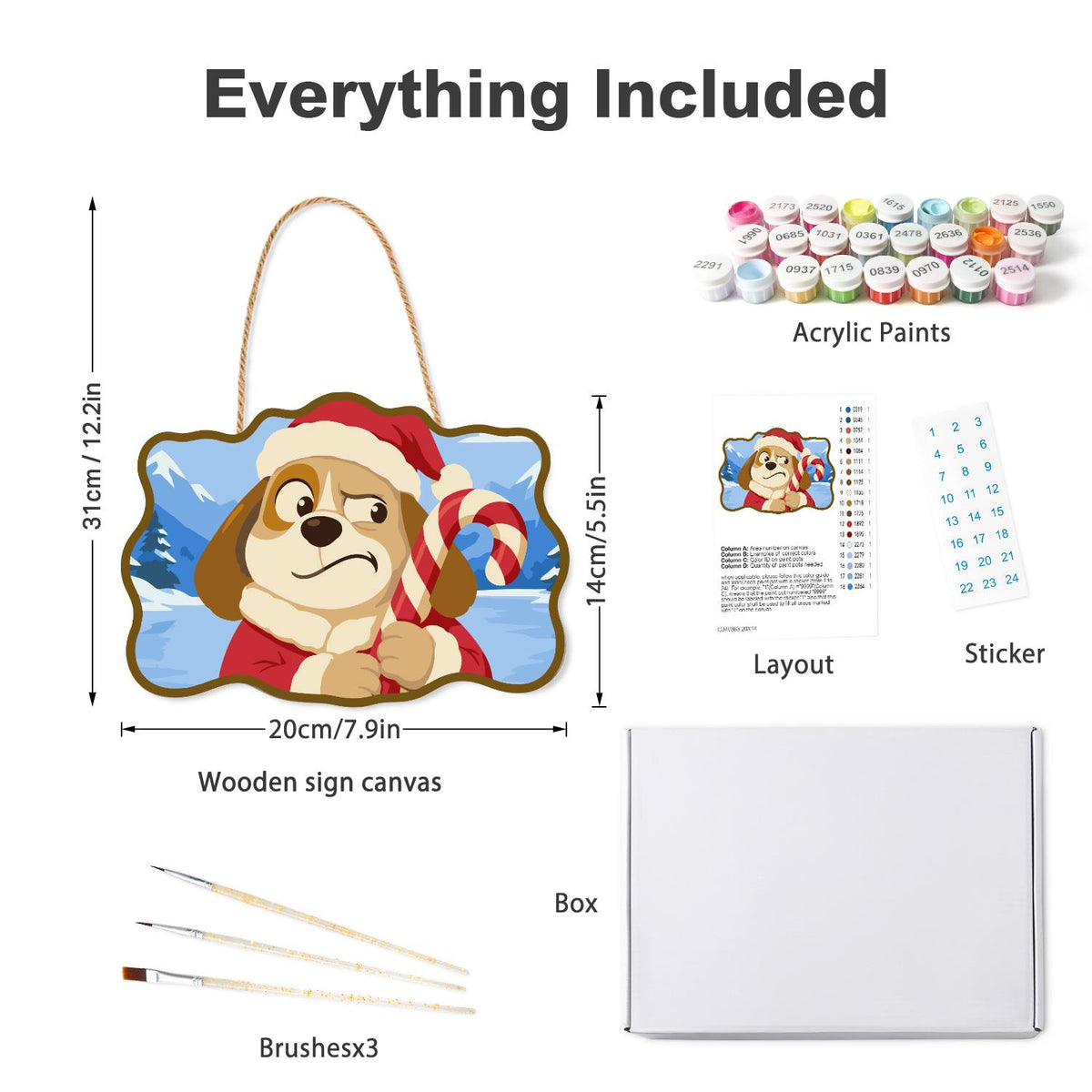 Skeptical Pup with Candy Cane paint by numbers hanging sign – what's in the kit: the wooden sign, rope hanger, numbered paints and brushes