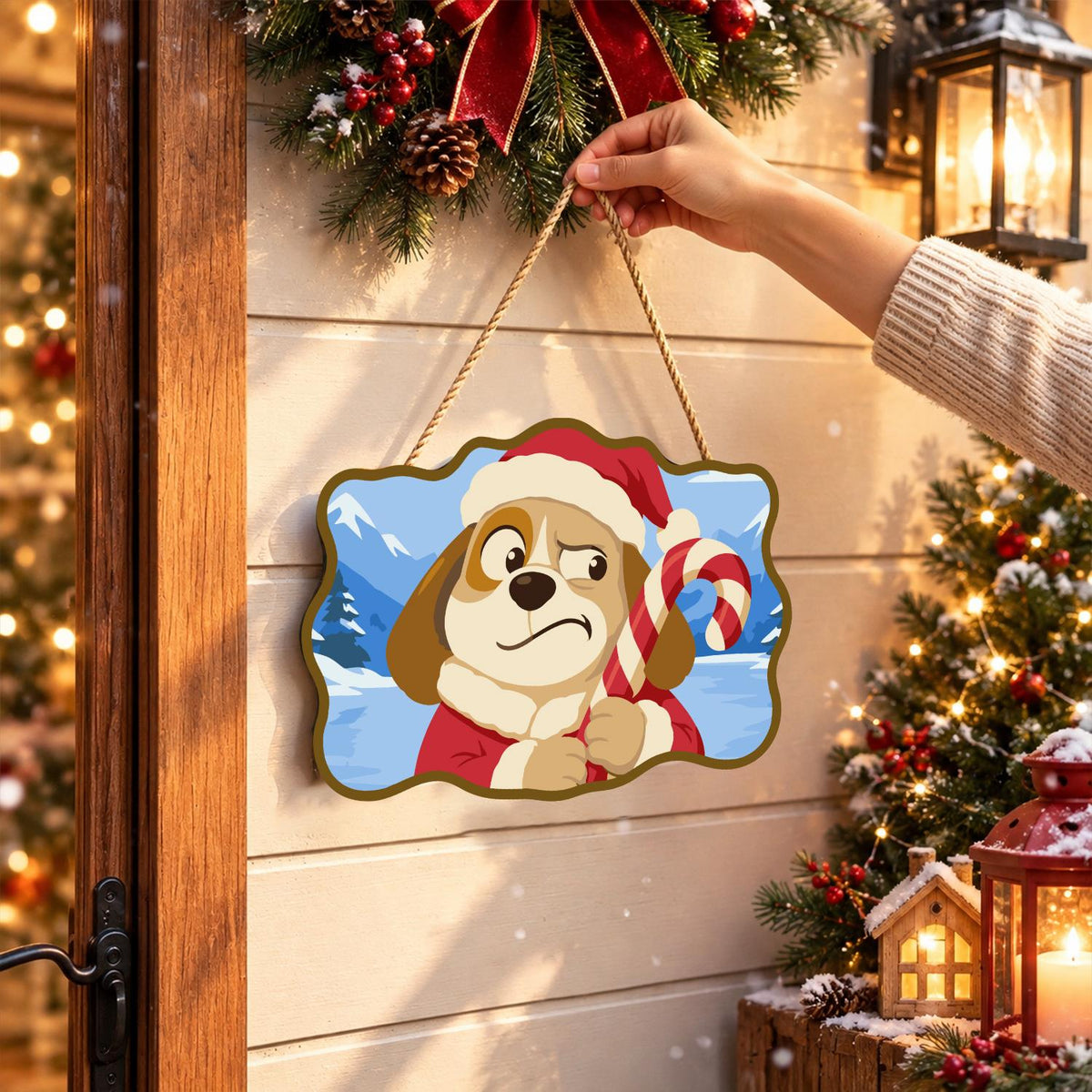 Skeptical Pup with Candy Cane paint by numbers hanging sign – image 14