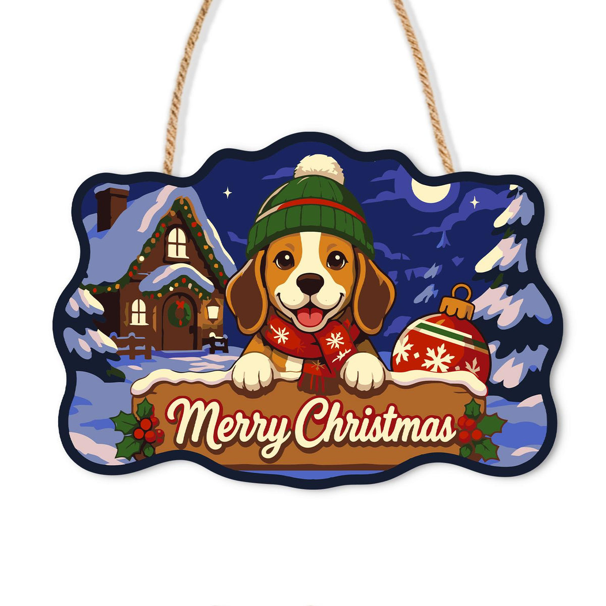 Beanie Beagle with Red Ornament paint by numbers hanging sign – Beagle puppy in a knit beanie peeking over a Merry Christmas board with an ornament by a snowy cottage at night, on a wooden sign with a rope hanger