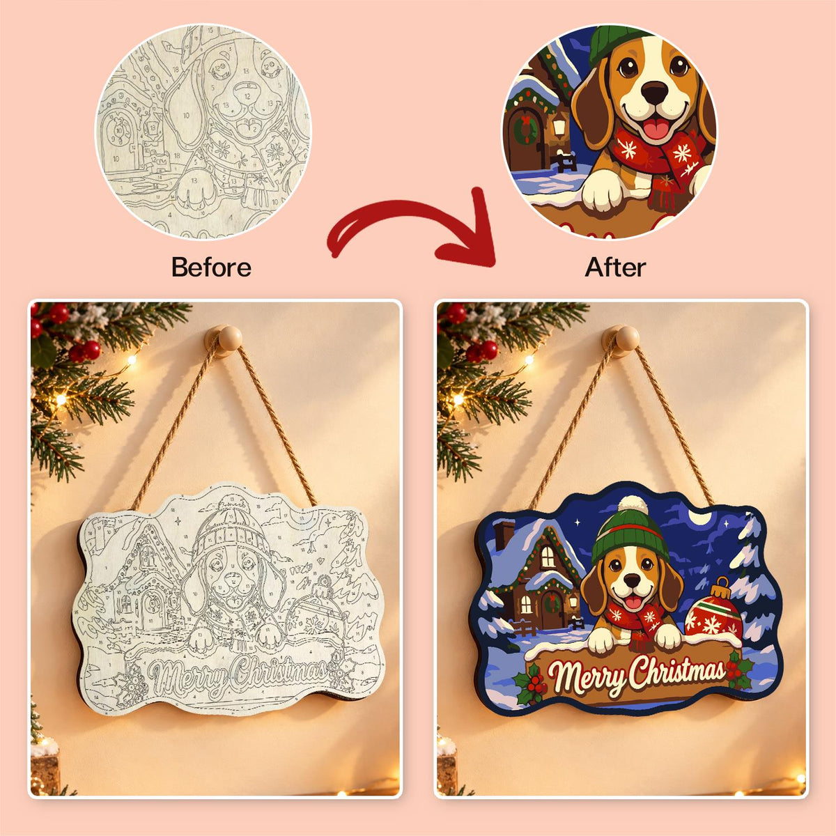Beanie Beagle with Red Ornament paint by numbers hanging sign – image 10