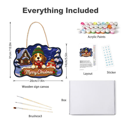 Beanie Beagle with Red Ornament paint by numbers hanging sign – what's in the kit: the wooden sign, rope hanger, numbered paints and brushes