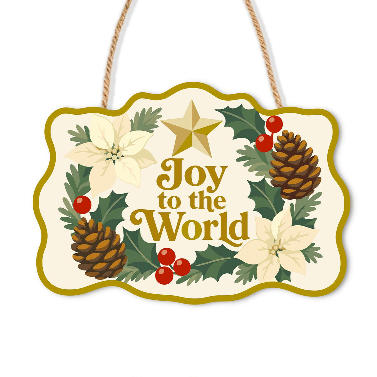 Golden Star Pinecone Wreath paint by numbers hanging sign – Joy to the World lettering in a wreath of cream poinsettias, pinecones, holly berries and a gold star, on a wooden sign with a rope hanger