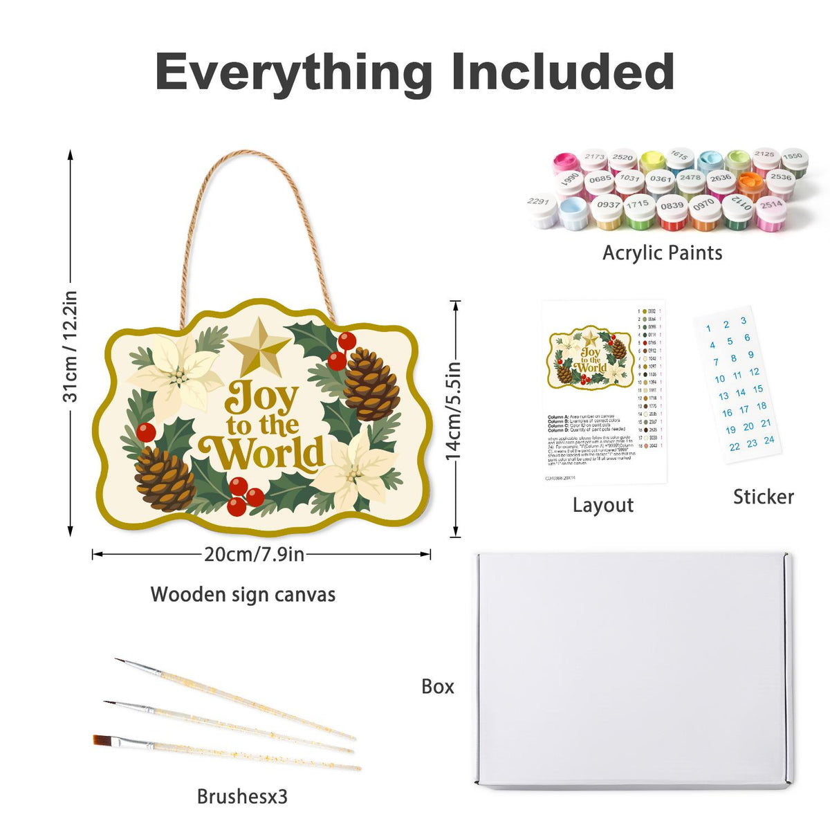 Golden Star Pinecone Wreath paint by numbers hanging sign – what's in the kit: the wooden sign, rope hanger, numbered paints and brushes