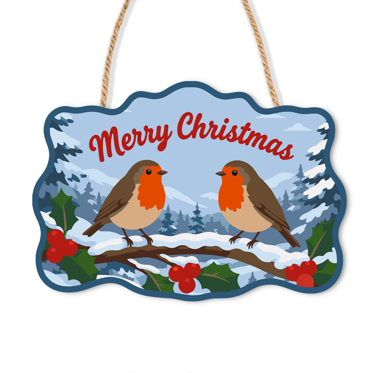 Snowy Branch Robin Pair paint by numbers hanging sign – Two robins on a snowy holly branch under Merry Christmas lettering, with snowy pines and pale blue sky, on a wooden sign with a rope hanger