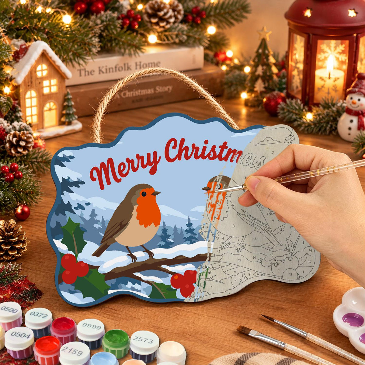 Snowy Branch Robin Pair paint by numbers hanging sign – image 7