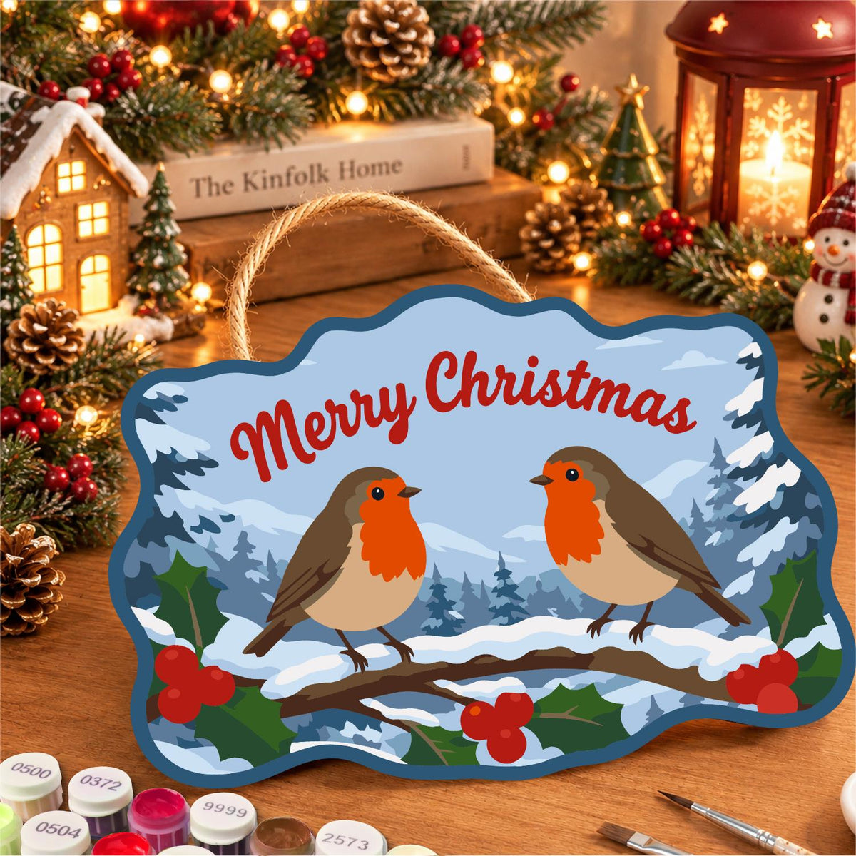 Snowy Branch Robin Pair paint by numbers hanging sign – image 8