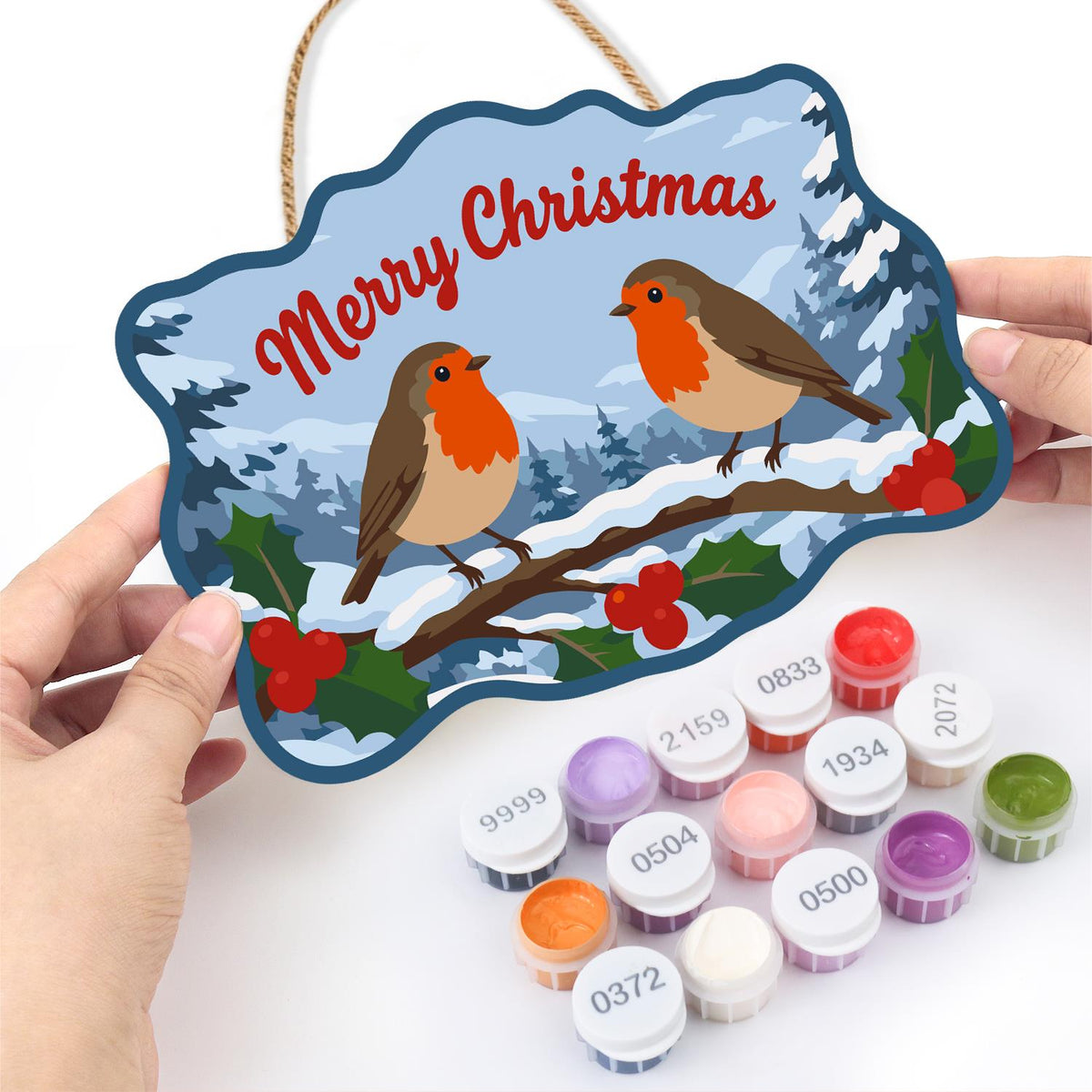 Snowy Branch Robin Pair paint by numbers hanging sign – image 9
