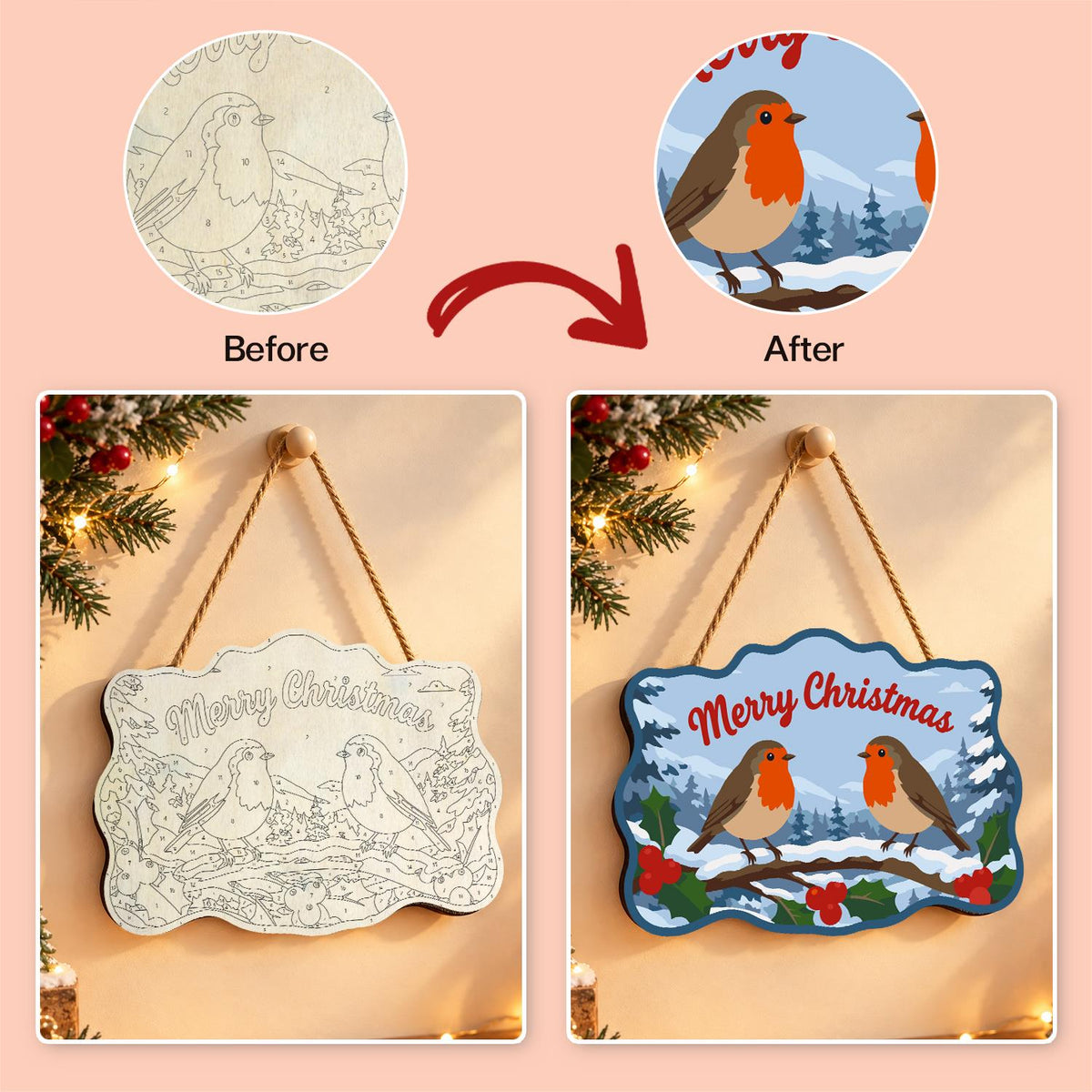 Snowy Branch Robin Pair paint by numbers hanging sign – image 10