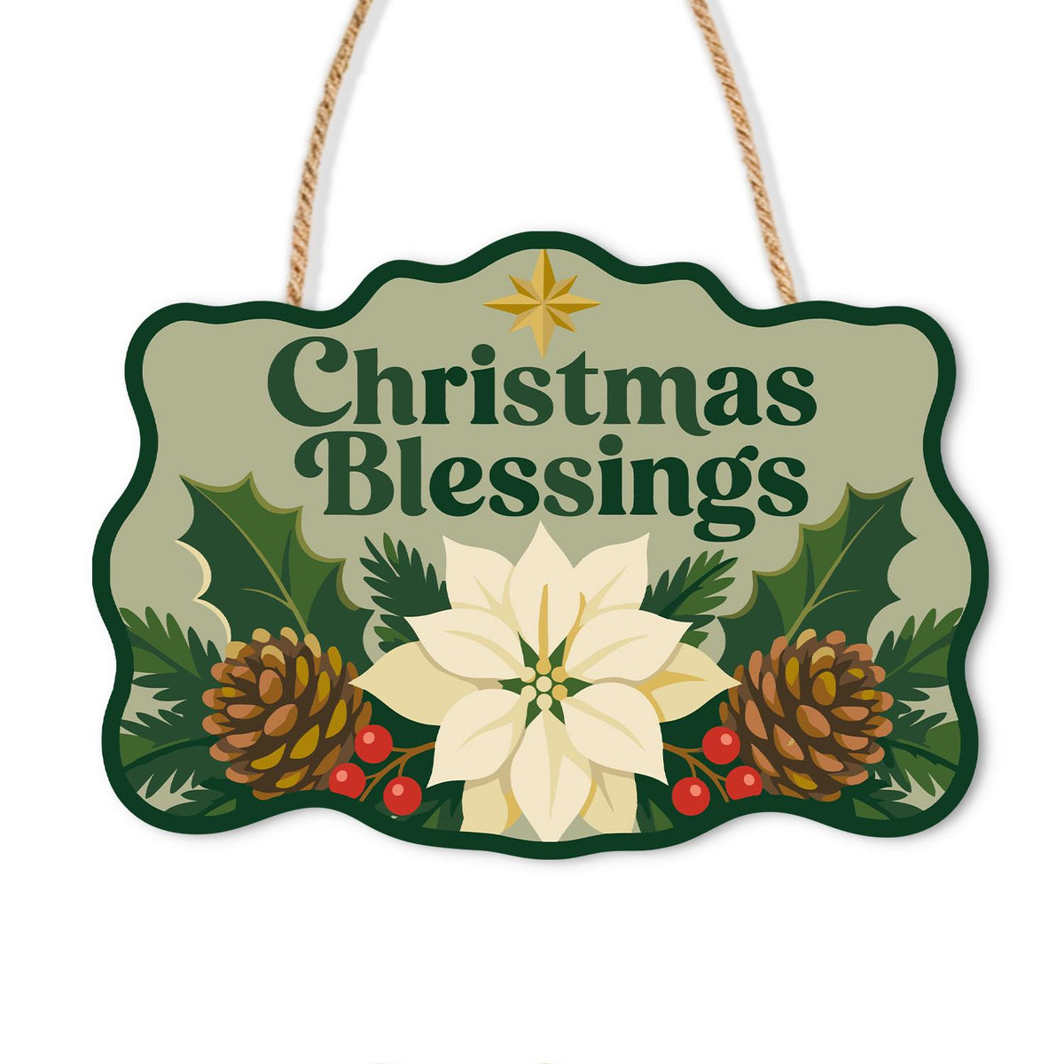 Sage Green Christmas Blessing paint by numbers hanging sign – Christmas Blessings lettering on sage green with a cream poinsettia, pinecones, holly and a gold star, on a wooden sign with a rope hanger