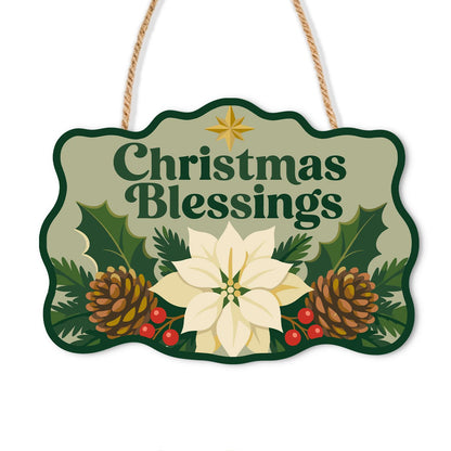 Sage Green Christmas Blessing paint by numbers hanging sign – Christmas Blessings lettering on sage green with a cream poinsettia, pinecones, holly and a gold star, on a wooden sign with a rope hanger