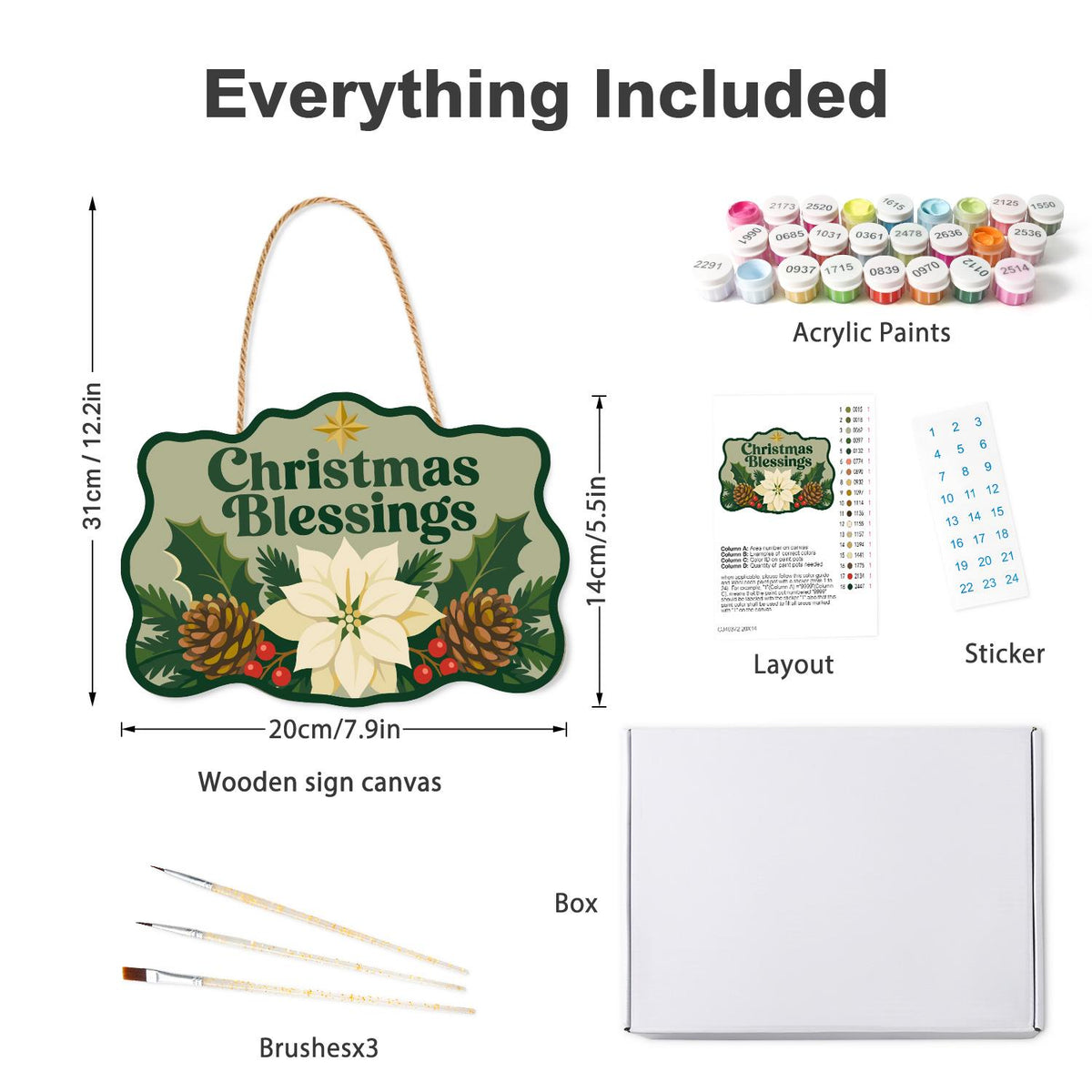 Sage Green Christmas Blessing paint by numbers hanging sign – what's in the kit: the wooden sign, rope hanger, numbered paints and brushes