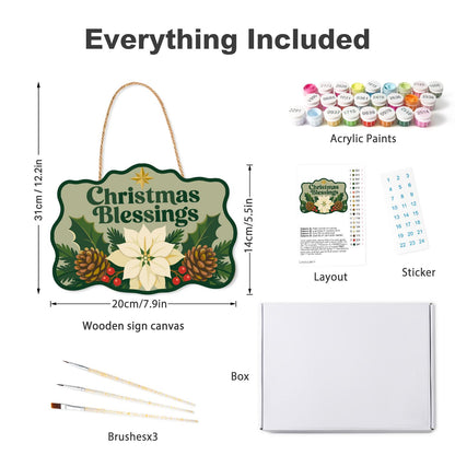 Sage Green Christmas Blessing paint by numbers hanging sign – what's in the kit: the wooden sign, rope hanger, numbered paints and brushes