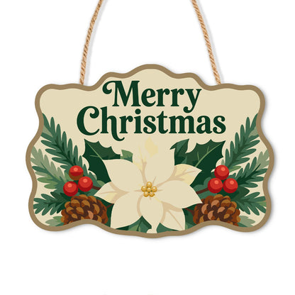 Cream Poinsettia Pine Garland paint by numbers hanging sign – Merry Christmas lettering above a cream poinsettia with pinecones, pine boughs and red berries, on a wooden sign with a rope hanger