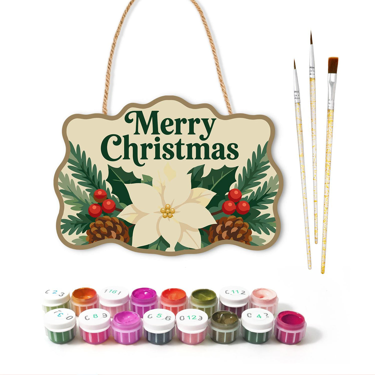 Cream Poinsettia Pine Garland paint by numbers hanging sign – image 2