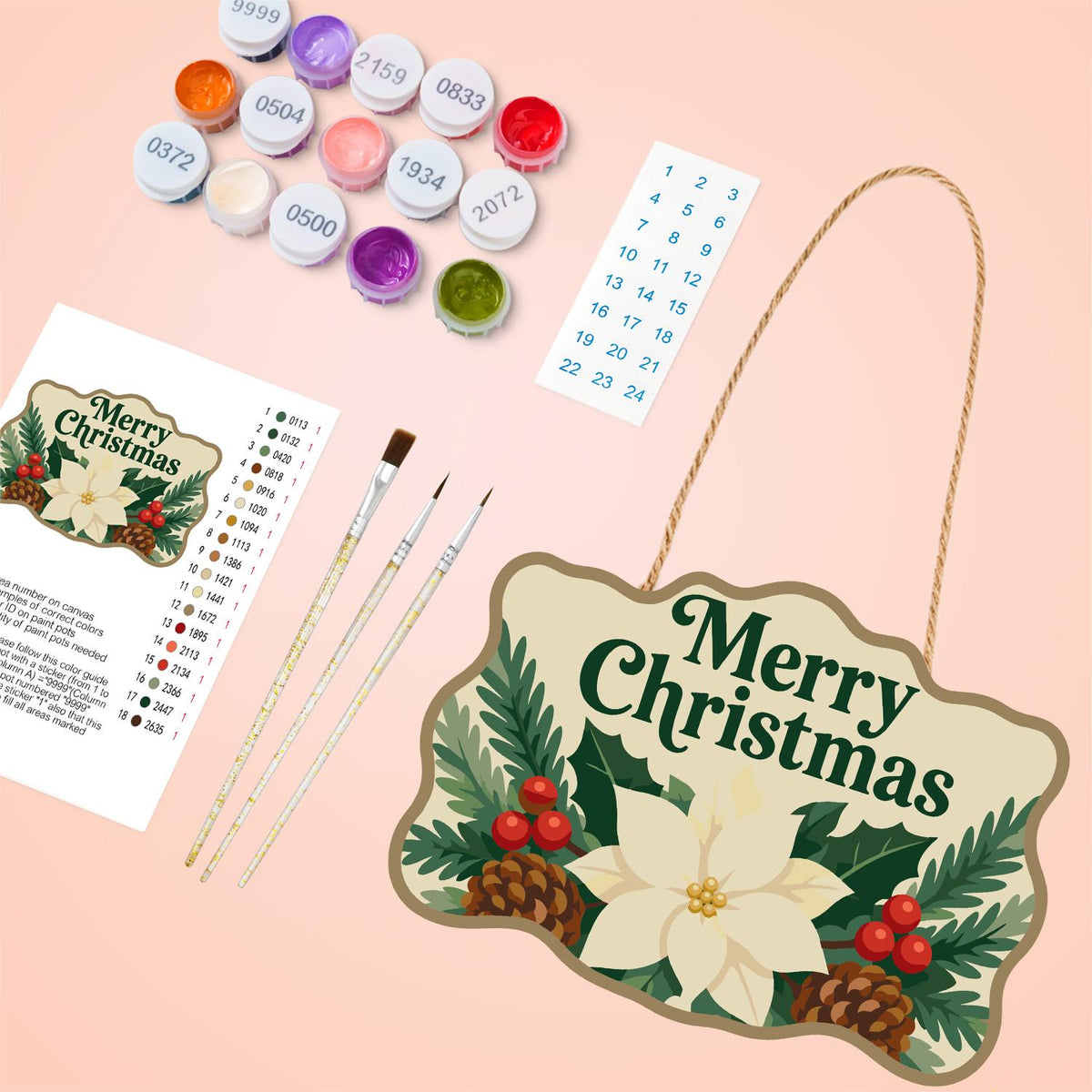 Cream Poinsettia Pine Garland paint by numbers hanging sign – image 4