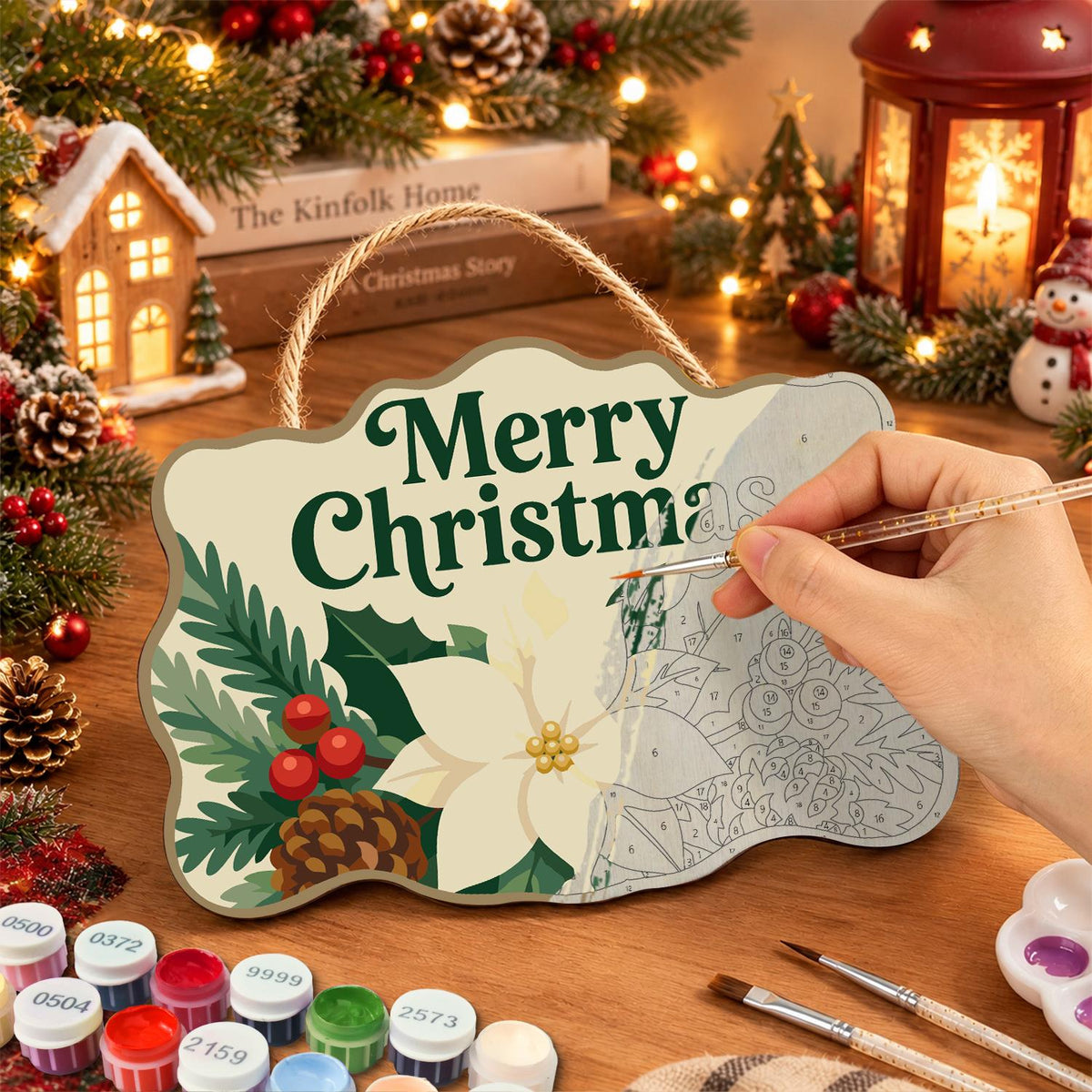 Cream Poinsettia Pine Garland paint by numbers hanging sign – image 7
