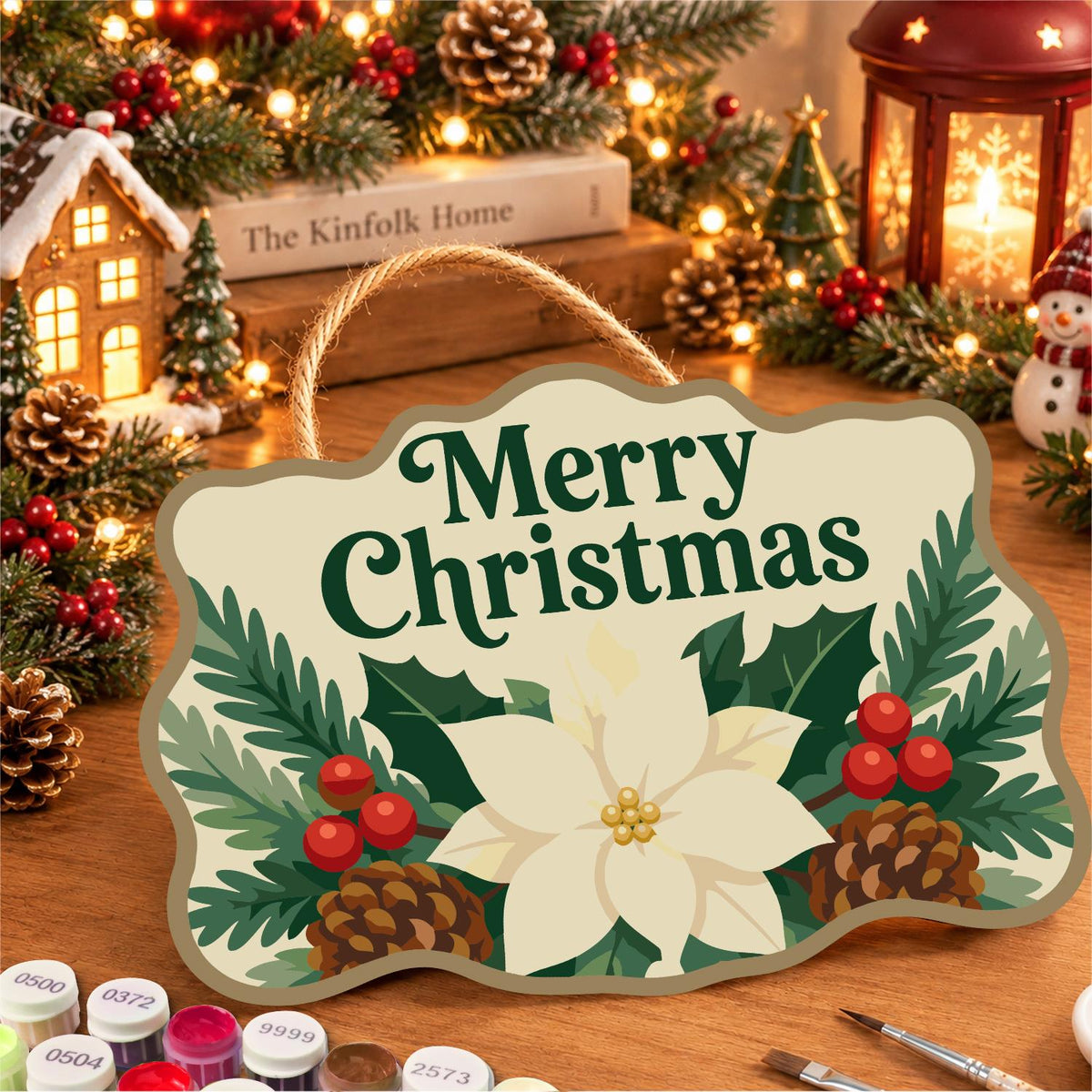Cream Poinsettia Pine Garland paint by numbers hanging sign – image 8