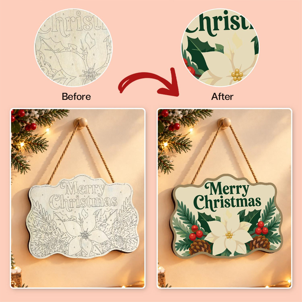 Cream Poinsettia Pine Garland paint by numbers hanging sign – image 10