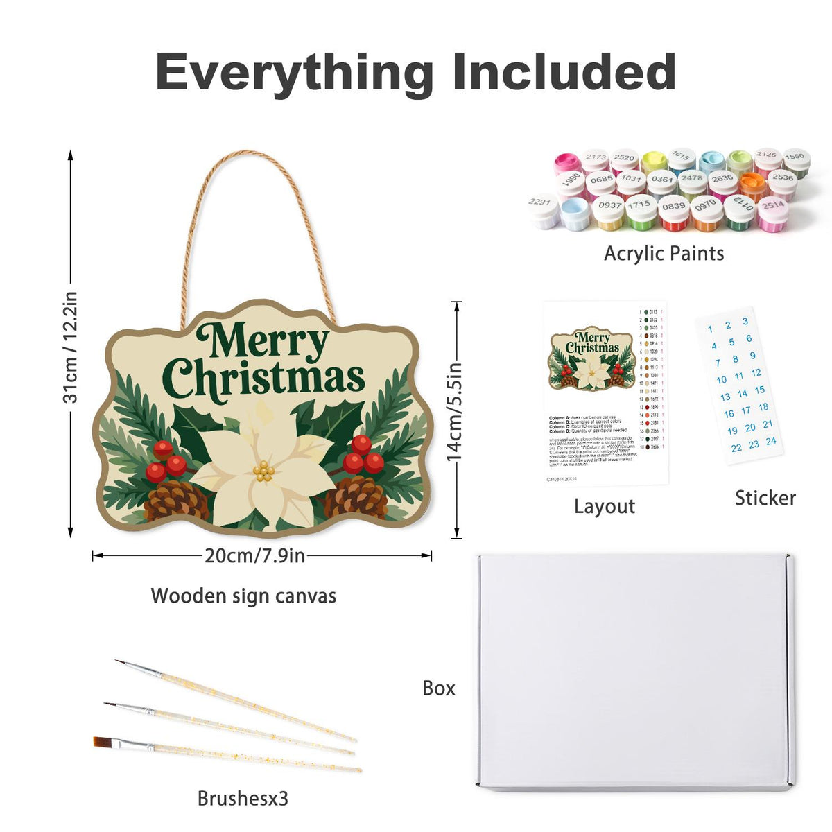 Cream Poinsettia Pine Garland paint by numbers hanging sign – what's in the kit: the wooden sign, rope hanger, numbered paints and brushes