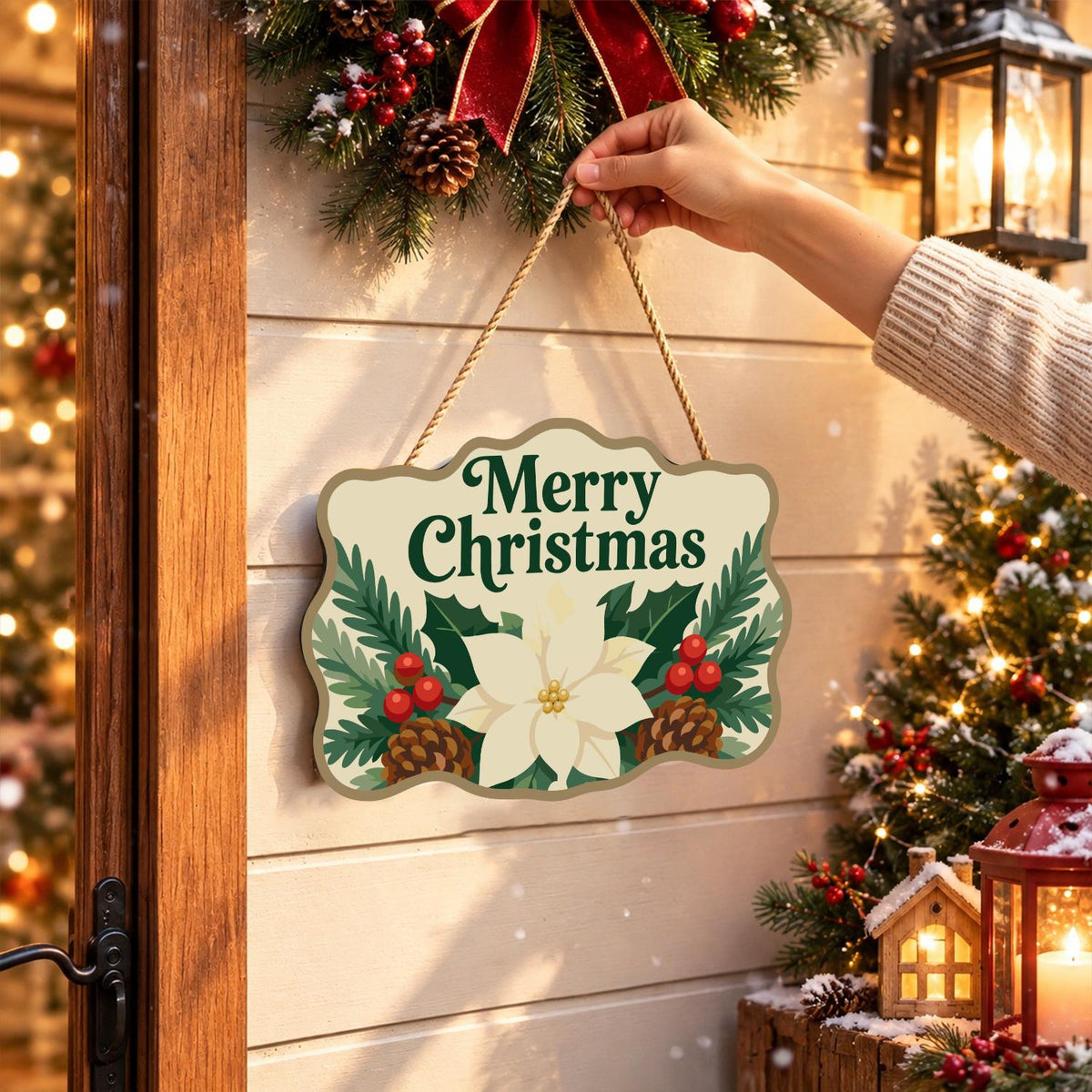 Cream Poinsettia Pine Garland paint by numbers hanging sign – image 14