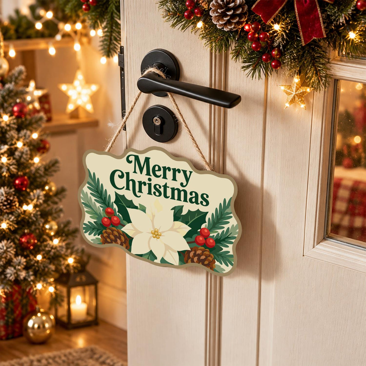 Cream Poinsettia Pine Garland paint by numbers hanging sign – image 18